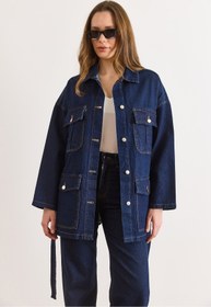Resim Olalook Kadın Lacivert Kuşaklı 4 Cepli Denim Ceket CKT-19000503 