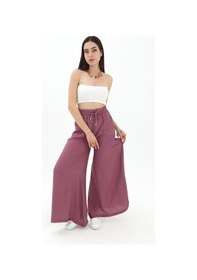 Resim Wpr Geniş Kemerli Bol Paça Düz Keten Kadın Pantolon - Lila-lila Lila 