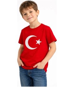 Resim Barlashive Erkek Çocuk Tişört Bisiklet Yaka Ay Yıldız Bayrak Baskılı T-shirt - Kırmızı Çok Renkli 