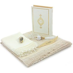 Resim Sandıklı Çiçek Detaylı Çeyizlik Seccade Seti Gelin Bohçasına Uygun Hediyelik Şal Kuranı Kerim Seti Beyaz 