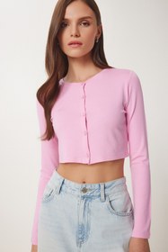 Resim Happiness İstanbul Kadın Pembe Çilek Örme Crop Bolero Hırka UB00384 