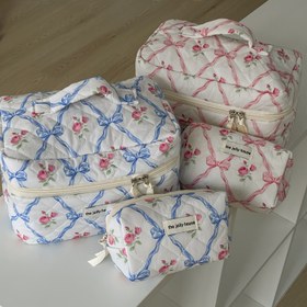 Resim Jolly House Dikişli Kurdele Makyaj Çantası, Fermuar Kapanışı, Hafif, Katlanabilir, 15Cm X 5.9In, Pembe ve Mavi Çiçek Desenli Sevgililer Günü Hediyesi 