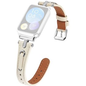Resim Xiaomi Smart Band 8 Pro İçin İnce Kayış Yapay Elmas Hakiki İnek Deri Saat Bandı Gümüş Toka - Kayısı 