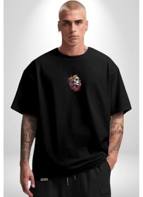 Resim Maske Dövmeli Çiçekli Kız Siyah Oversize Unisex Ön Orta Minimal Baskılı Tişört Siyah 