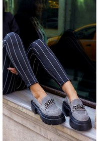 Resim Margarita Gri Hakiki Süet Kalın Tabanlı Kadın Loafer Gri 