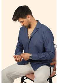 Resim Etikmen İndigo Keten Apaj Yaka Relax Fit Hediye Kutulu Erkek Gömlek İndigo 