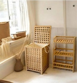 Resim Büyük Boy Ahşap Bambu Kirli Sepeti 45x45x62 