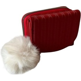 Resim Ulaş Accessories Kırmızı Renk Peluş Beyaz Top Suni Deri Kibar Bozuk Para Bölmeli Kadın Cüzdan Kırmızı 