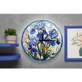 Resim Vitray Görünümlü Mavi İris Çiçekli Sessiz Duvar Saati Çok Renkli 
