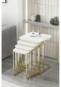 Resim Faymend Tekerlekli 4 Lü Zigon Sehpa - Yan Sehpa Gold - Beyaz Mdf Gold Beyaz 