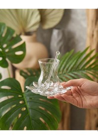 Resim Elta Collection 18 Parça Kristal Çay Seti Kristal Tabak Ve Kaşıklı İnce Belli 6 Kişilik Şık Çay Takımı Seffaf 