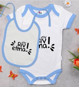 Resim Bk Kids Riv Riv Etma Tasarımlı Mavi Bebek Body Zıbın Ve Mama Önlü Çok Renkli 