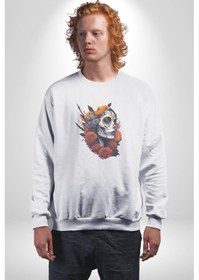 Resim Maske Dövmeli Çiçekli Kız Unisex Beyaz Baskılı Sweatshirt Beyaz 