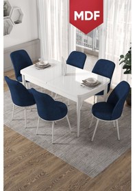 Resim Canisa Concept Kor Serisi 70x114 Açılabilir Mutfak Masası Takımı Beyaz Masa 6 Siyah Sandalye Masa Beyaz 6 Lacivert Sandalye 