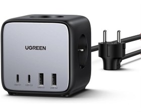 Resim Ugreen DigiNest Cube 65W GaN 2 Hızlı Şarj Cihazı 2xUSB/2xType-C 3lü Akım Korumalı Küp Grup Priz Siyah 