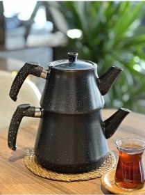 Resim Granit Kaplama Pramit Cam Kapaklı Çaydanlık Siyah Siyah 