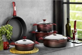 Resim Aryıldız Flipper Kırmızı Siyah 9 Parça Döküm Tencere Set 