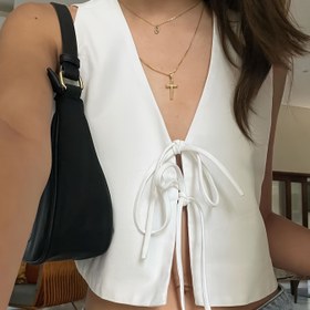 Resim Kadınlar için Seksi Fiyonklu Ön Kolsuz Yelek Üst - V-Yaka Düz Renk Esnek Olmayan Kumaş, İlkbahar Yaz Sonbahar İçin Çok Yönlü Katman Parçası, Günlükten Resmiye Kıyafetlere Uygun, Mevsimlik Moda, Pürüzsüz Dokusu, Şık Tasarım 