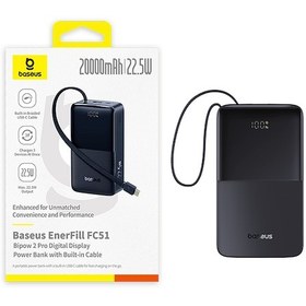 Resim Baseus Enerfill Bipow2 Pro 20000mah Dahili Usb-c Kablolu, 22,5 W Hızlı Şarjlı, Led Ekranlı Powerbank, Siyah Siyah 