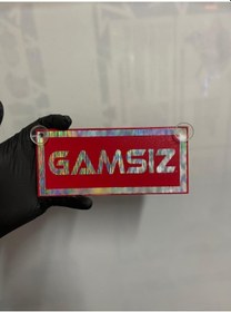 Resim Kırmızı Renk Üzeri Hologram Renk Gamsız Yazılı Vantuzlu Cam Süsü 