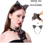 Resim Siyah Kedi Dantel Taç + Eldiven Seti – Parti, Dans ve Kostüm Kombini 