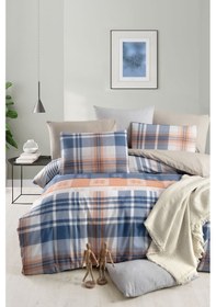 Resim Lastikli Çarşaflı Çift Kişilik Nevresim Takımı Plaid Lacivert 