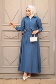 Resim N.S NEVA STYLE Fermuarlı İndigo Mavisi Tesettür Etekli İkili Takım 44751IM 