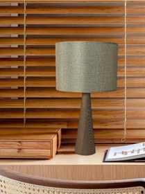 Resim Ahşap Konik Gövdeli Dizayn Abajur Kumaş Başlık Kumbeji Ceviz 