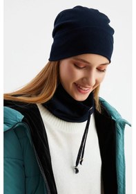 Resim 3'ü Bir Arada Balıkçı Style Bere +ipli Bere + Boyunluk Hafif, %100 Pamuklu Kışlık Set - Lacivert Lacivert 