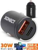 Resim XONECT - Araç Şarj Cihazı USB ve Type-C Çıkışlı 30W Hızlı Şarj Adaptörü Siyah 