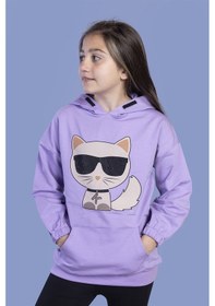 Resim Toontoy Kız Çocuk Kedi Desenli Taş İşlemeli Kanguru Cepli Sweatshirt Lila 