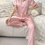Resim Kadınlar için Saten Jakar Leopar Desenli Pijama Takımı, Temel Stil, Yumuşak Gece Giysisi, Rahat Uyku Giysisi, Ev Giyim Takımı 