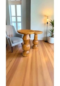 Resim Doğal Tik Renk Ahşap Yan Sehpa Takımı 2'li Masif Zigon Ve Fiskos Kahverengi 