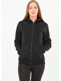 Resim Kadın Kanguru Cepli Kapüşonlu Sweatshirt İçi Polar Kalın Hırka Siyah 