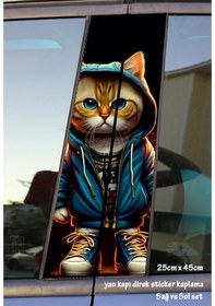 Resim Rapçi Kedi Sticker Yan Kapı Direk Kaplama 2li Sol Sağ Takım Yapıştırma 
