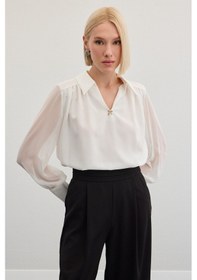 Resim Sateen Aksesuarlı Salaş Bluz - Ekru-136472 Ekru 