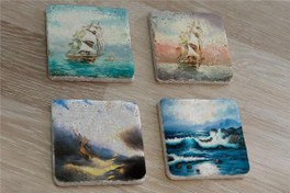 Resim Ivan Aivazovsky Deniz ve Yelkenliler Doğal Taş Bardak Altlığı 4'lü set - Natural Stone Coasters 