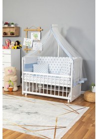 Resim Ahşap Beşik Anne Yanı Beşik Beyaz 60x120 - Mavi Yıldız Tek Yastık Uyku Seti + Yatak Beyaz 