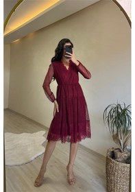 Resim Neşeli Butik Kadın Kruvaze Yaka Dantelli Tül Elbise Nm010 Bordo 