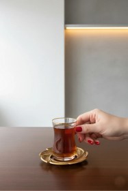 Resim Paşabahçe Heybeli Leafy Model El Dekoru Kesme Mat Gold Detaylı 12 Parça Çay Takımı Şeffaf 