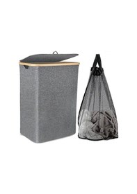 Resim 100 Lt Katlanır Kumaş Bambu Çamaşır Sepeti İçi Fileli Kirli Çamaşır Sepeti Gri 