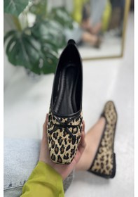 Resim Günlük Kadın Babet Fiyonklu Kısa Topuk Küt Burun Hafif Rahat Kalıp Tırtık Taban Ayakkabı 393 LEOPAR 