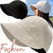 Resim Kadınlar için Moda Vafli Dokulu Kova Şapka - Ayarlanabilir İpli Geniş Kenarlı Güneş Şapkası, Hafif Nefes Alabilen Polyester Dış Mekan Plaj Kullanımı İçin, Siyah/Bej/Haki 