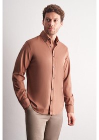 Resim İmza Vizon Düğmeli Yaka Örme Uzun Kol Performans Ürün Slim Fit Esnek Gömlek 1004255270 Vizon 