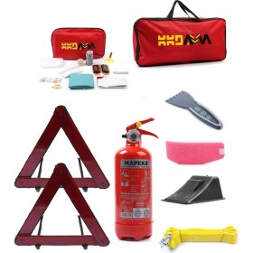 Resim KKDAVM Dikdörtgen Trafik ve İlkyardım Seti Çantası Oto Çeki Demiri Araç Mapeks Yangın Söndürme Seti Ekonomik 