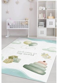 Resim Homshtag Dünyama Hoşgeldin Pastel Renkli Çocuk Odası Halısı Dokuma Minimal Halı Çok Renkli 