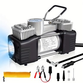 Resim Meshuba Gümüş Renkli Ağır Hizmet Tipi Çift Silindirli Taşınabilir Metal DC 12V Hava Pompası - Araba Aksesuarları, Kamyonlar, SUV'ler, Tekne Yatakları için 150 PSI Lastik Pompası ve Adaptör 