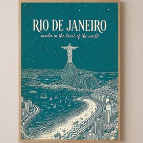 Resim Rio de Janeiro Line Art Print - Teal Christ the Redeemer Copacabana Wall Art - Wooden Frame - Natural / 24 x 36" (60x90 cm) 