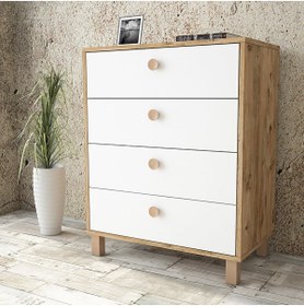 Resim Yurudesign Vilamo Şifonyer Ahşap Ayak, 4Çekmece, Çam-Beyaz-Kayın Vl80-217 