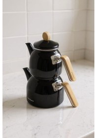 Resim Sultan - Bambu Kulplu Emaye Çaydanlık Takımı Siyah 